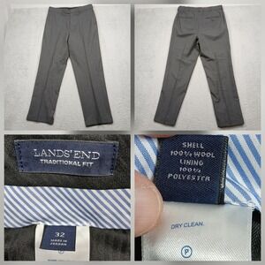 Lands' End Dress Pants Men's 32W Gray 100% Wool Traditional Fit Cuffed
